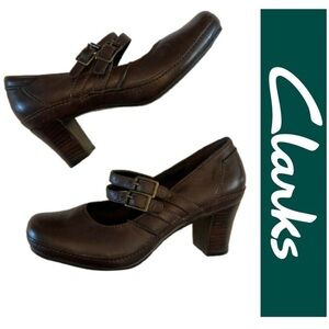 Clarks Artisan Dark Brown Genuine Leather Mary Jane Shoes with Chunky Heel